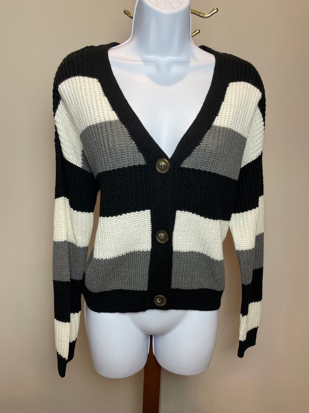Pink Rose Cardigan Size M Black Cream Gray Striped Button Front New With Tag